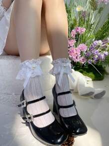 1 par de calcetines de media pantorrilla para mujer con encaje, lazo, decoración de perlas, estilo lindo Lolita, longitud media de la pantorrilla, talla única, estilo universitario