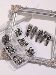 30pcs/6-Grid Box Vintage Y2K Nail Art Decorations, Dark Gothic Ins Style Cross & Skull Designs, Halloween Nail Accessories, Various Styles Gothic Fake Nails, Nail Art Supplies