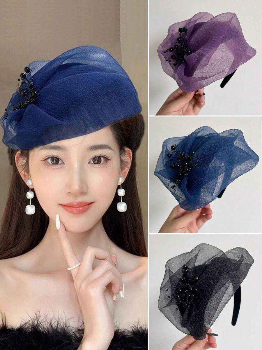 全新半帽帶網紗面紗的髮箍，復古法式優雅髮飾，女士頭帶 - 彩色 - 查看 1
