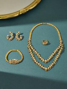 Dubai Saudi Arabia Popular Cute Sweet Glamorous Luxury 4pcs Hand-Set Zirconia Jewelry Set, Adjustable Chain Necklace, Bracelet, Ring, Earrings, Daily Wear, Gift Options For Girlfriend, Friends, And Lovers, Bling-Bling Accessory For Banquet, Party And Wedding Dresses.