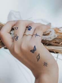 CAT QUEEN ART Herbal Juice Y2K風格小設計半永久性刺青貼紙，持久七至十四天不褪色或反光，適用於手指、耳朵、肩膀、頸部、鎖骨、身體等，1入組 - 藍色 - 查看 6