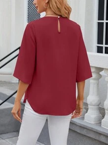 Women's Casual Loose Top 3/4 Ruffled Sleeve Scoop Neck Chiffon Blouse Summer Dressy Shirt Basic Tunic Tops Petal Flowy T-Shirts For Leggings - Đỏ - Xem 6