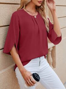 Women's Casual Loose Top 3/4 Ruffled Sleeve Scoop Neck Chiffon Blouse Summer Dressy Shirt Basic Tunic Tops Petal Flowy T-Shirts For Leggings - Đỏ - Xem 2