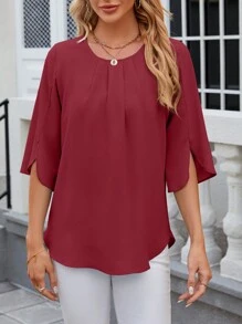 Women's Casual Loose Top 3/4 Ruffled Sleeve Scoop Neck Chiffon Blouse Summer Dressy Shirt Basic Tunic Tops Petal Flowy T-Shirts For Leggings - Đỏ - Xem 5