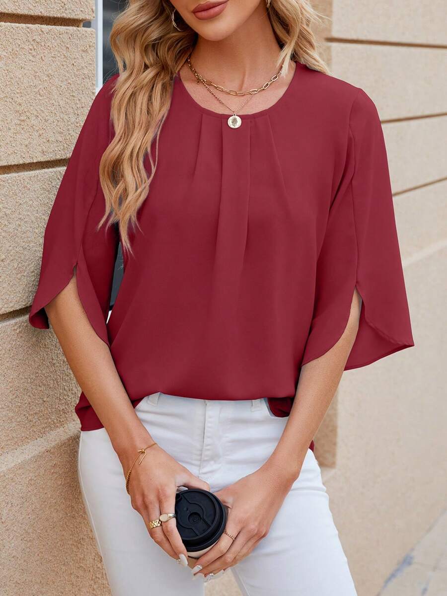 Women's Casual Loose Top 3/4 Ruffled Sleeve Scoop Neck Chiffon Blouse Summer Dressy Shirt Basic Tunic Tops Petal Flowy T-Shirts For Leggings - Đỏ - Xem 1