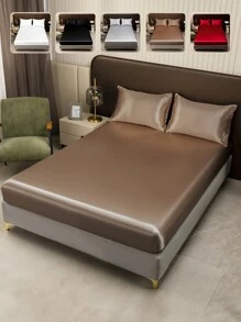 2/3件套缎面床上用品套装，包含床笠和枕套，柔软舒适，卧室床上用品；1件床垫保护套，含1/2个枕套；超柔软、轻盈透气；可机洗；适用于单人床、双人床、大号床、特大号床；通过Oeko-Tex认证 - 駝色 - 查看 9