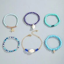 5入組海灘風格貝殼、海星、彩色珠子和寶石女士堆疊手鐲，適用於夏日 - 6件-繩 - 查看 8