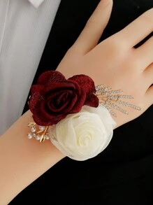 1 chiếc Boutonniere + 1 chiếc Corsage cổ tay, trang trí theo phong cách tiên nữ hoa đôi màu xanh và sâm panh cho đám cưới, chú rể và cô dâu, tiệc tùng, vũ hội, vòng đeo tay hàng ngày ngày lễ tình nhân ngày lễ tình nhân - Màu Đỏ Sâu - Xem 3