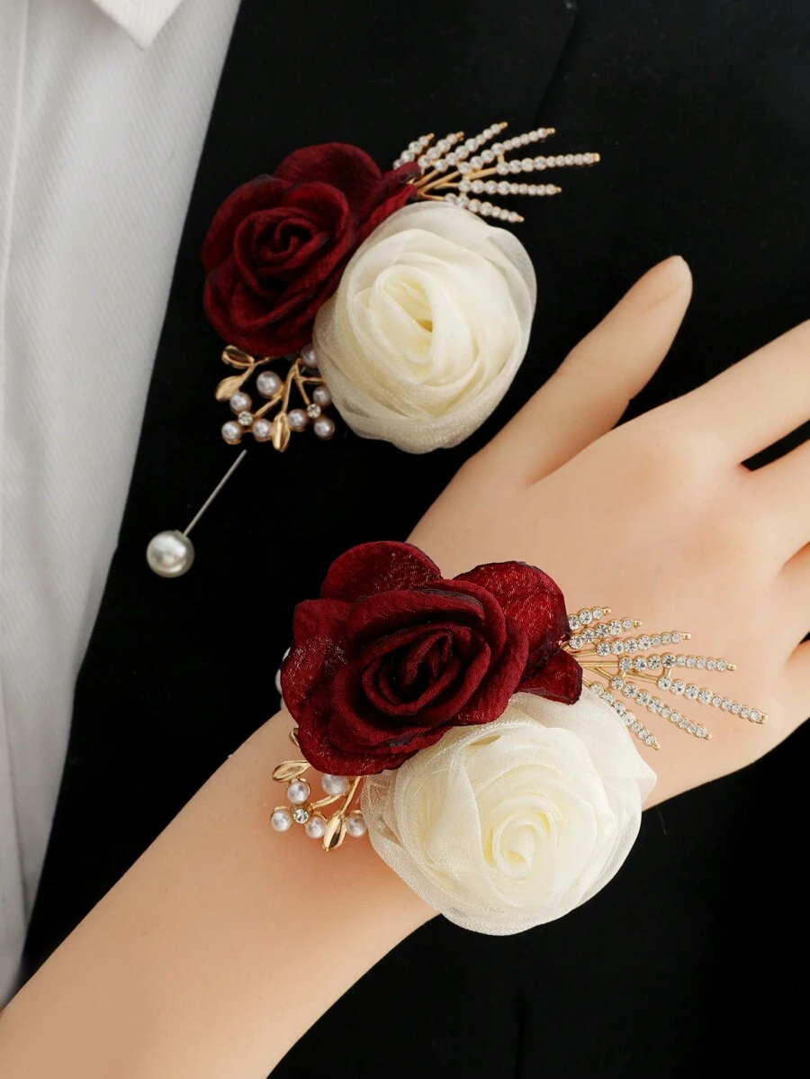 1 chiếc Boutonniere + 1 chiếc Corsage cổ tay, trang trí theo phong cách tiên nữ hoa đôi màu xanh và sâm panh cho đám cưới, chú rể và cô dâu, tiệc tùng, vũ hội, vòng đeo tay hàng ngày ngày lễ tình nhân ngày lễ tình nhân - Màu Đỏ Sâu - Xem 1