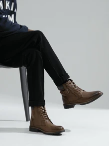 SHOESMALL男士時尚摩托車拉鍊靴戰鬥休閒男裝靴 - 棕色 - 查看 5