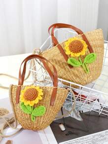 2024新款夏季艺术花草编织手提包沙滩托特包编织袋手机斜挎包 - 貝殼包 - 查看 3