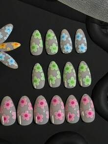 24入組多彩花朵可穿戴式指甲，簡約法式短杏仁形全覆蓋假指甲，適用於女孩/女性日常生活及約會等。+1入組果凍凝膠+1入組指甲銼。 - 彩色 - 查看 5