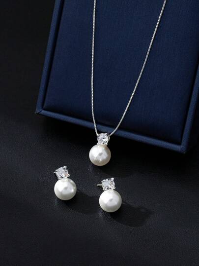 3pcs/Set Minimalist Everyday Glass Pearl Zirconia Stud Earrings & Necklace Set, Suitable For Women, Engagement Party, Daily Wear, Mother's Day, Christmas Gift