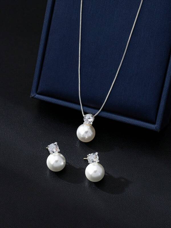 Set de 3 piezas de aretes de perla de vidrio y collar minimalista con circonita, adecuado para mujeres, fiesta de compromiso, uso diario, Día de la Madre, regalo de Navidad