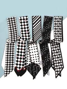 5 件装女士多用途格子、豹纹、花朵、花卉图案围巾，包包装饰带礼盒 - 时尚小丝巾优雅头巾、发带、头带非常适合装扮您的情人节 - 彩色 - 查看 10