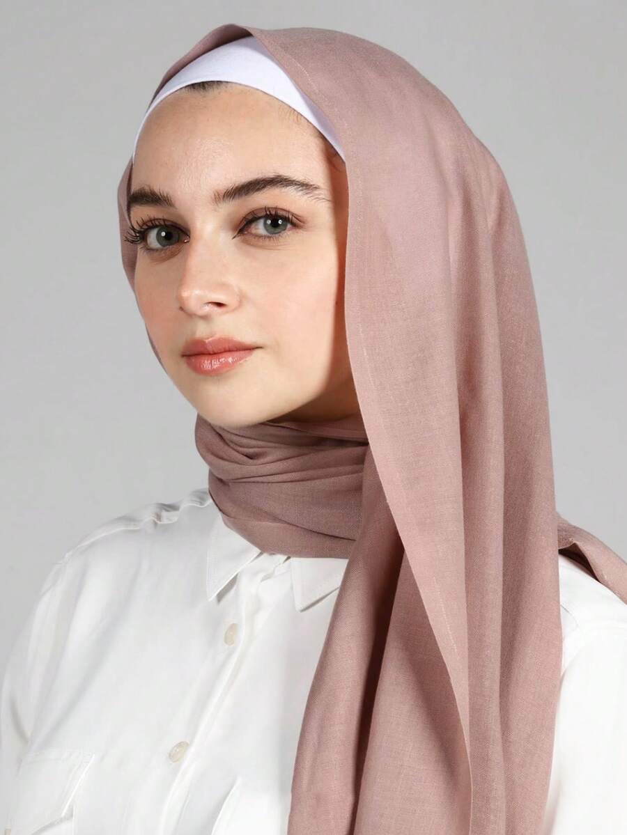 1pc Solid Color Fringed Muslim Hijab For Women, Daily Headscarf - Beige - View 1