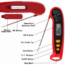 1 Stück faltbarer Handgriff BBQ Temperaturmesser, schnell und genau mit 3-5s Reaktionszeit, hergestellt aus ABS-Material und Edelstahlsonde, gesteuert durch einfachen Berührungsschalter, betrieben mit 7 Batterien, kompakt und tragbar mit faltbarer Sonde für Lagerung und einfachen Transport, Küche, Küchenartikel, Lebensmittel, Kochen, Camping, Urlaub, Strand, Raumdekoration, Organizer, Party, Reise.