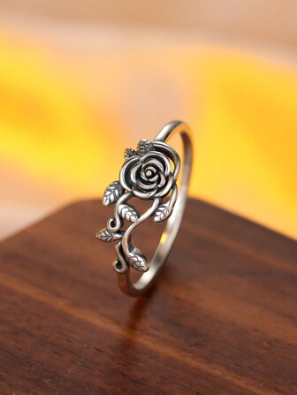 1個女士復古純銀玫瑰花戒指，適用於約會/派對/生日禮物