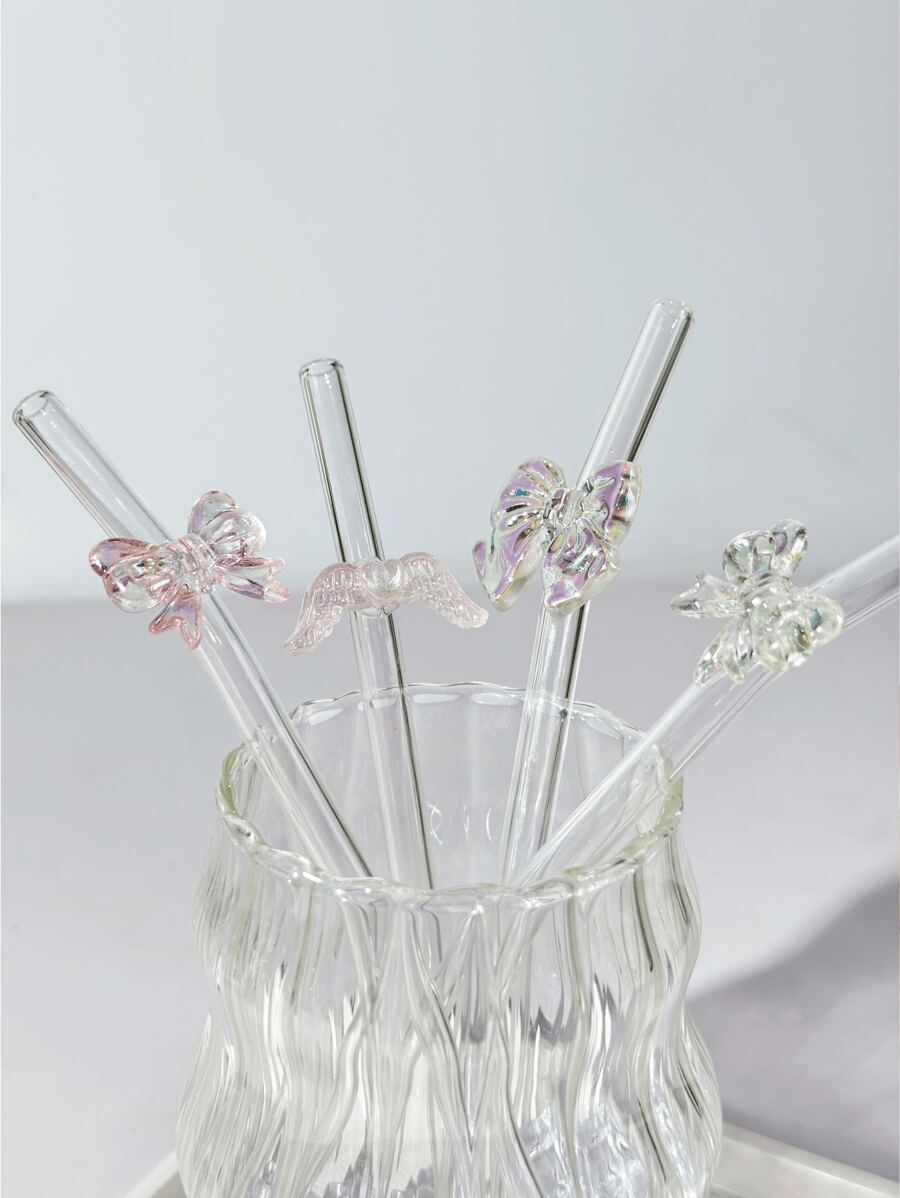 1 ống hút thủy tinh nơ nhiều màu, chịu nhiệt, dùng cho trà sữa, nước ép, sữa, đồ uống lạnh, ống hút thủy tinh cong có trang trí nơ, nhà bếp, quà tặng Giáng sinh - Ống hút nơ đầy màu sắc - Xem 1