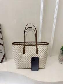 Large Capacity Versatile Printed Tote Bag, Rivet Decor, Retro Floral Print Handbag, Large Capacity Shoulder Bag, Fashionable Daily Tote Bag, Women Handbag - Beige - View 3