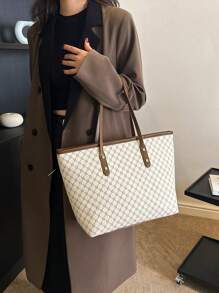 Large Capacity Versatile Printed Tote Bag, Rivet Decor, Retro Floral Print Handbag, Large Capacity Shoulder Bag, Fashionable Daily Tote Bag, Women Handbag - Beige - View 2