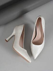 Pointed Toe Floral Print Stiletto White High Heels, Versatile Shoes For Professional Work - Beige - View 5