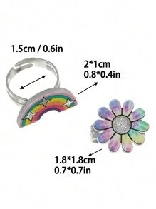 Set Cincin Anak-Anak Motif Unicorn & Pelangi Tie-Dye 6 Buah yang Dapat Diatur Ukurannya, Cincin Kartun Hewan & Bunga Berkilau, Hadiah Perhiasan Putri Manis - MultiWarna - View 2