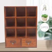 ONEUTRALON Organizador de escritorio de madera vintage, estantería de exhibición con 9 cubos y 2 cajones, estantería de almacenamiento para decoración de escritorio de oficina en el hogar, color marrón - Marrón - Ver 6