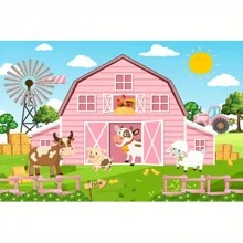 Pink Barn Farm Background Cartoon Farm Animals Birthday Party Decor For Farm Themed Birthday Cake Table Banner Photography Backdrop (Pink) - Pink - View 2