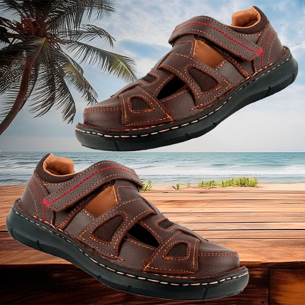Huaraches Para Hombres Sandalias De 100% Piel Cómodas Para La Playa O Descansos De Broche 220-c - Café integral - Ver 1