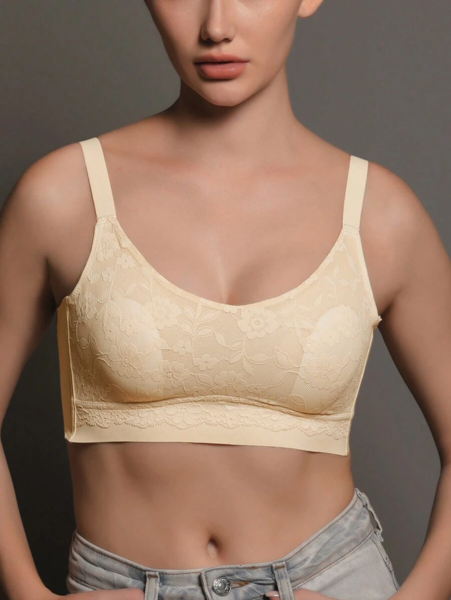 Spring/Summer All Cup Full Coverage Seamless Lace Thin Non-Wired Comfortable Bra For Big Breasts & Small Breasts, Suitable For Sports, Yoga And Sleep - Apricot - View 1