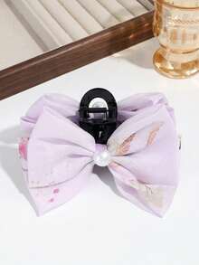 1入紫色時尚印花蝴蝶結髮卡，配有假珍珠，適合日常穿搭 - 紫色 - 查看 1