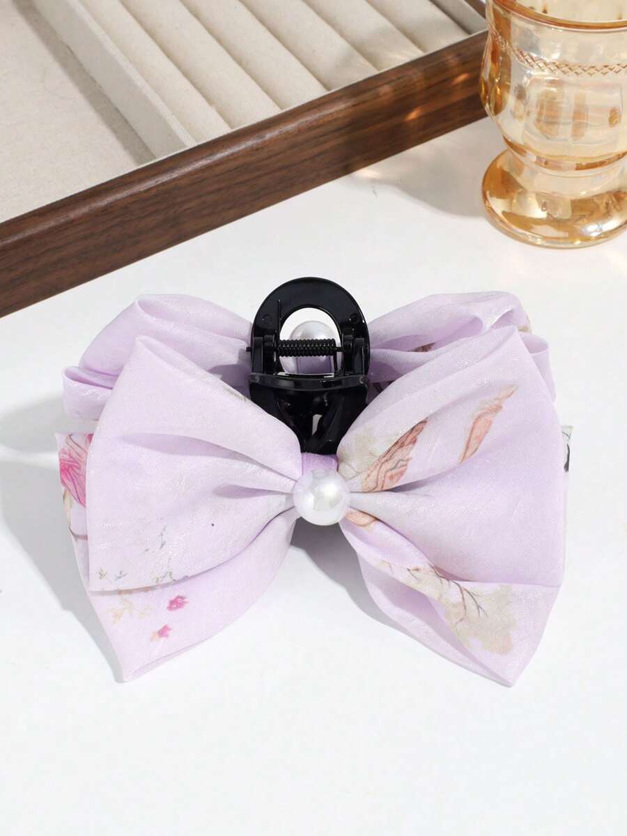 1入紫色時尚印花蝴蝶結髮卡，配有假珍珠，適合日常穿搭 - 紫色 - 查看 1