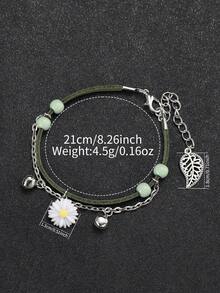 女士草绿色皮革表带时尚简约表盘数字石英表套装 + 草绿色花叶手链套装（4 件/套）作为返校学生的礼物 - 綠色 - 查看 5