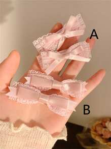 2/4 件套法式芭蕾风格粉色蕾丝蝴蝶结发夹女士刘海侧发饰情人节情人爪夹发夹发夹，女士冬季服装，蝴蝶结，可爱