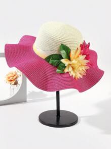 1 Stück handgemachter Damen Sonnenhut mit breiter Krempe und Blumenmuster, Sonnenschutz für Strandurlaub und Mode - A - Übersicht 10