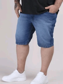 Bermuda Jeans Masculina Plus Size Lisa Com Lycra Tradicional Casual - Lavagem escura - Visão 1