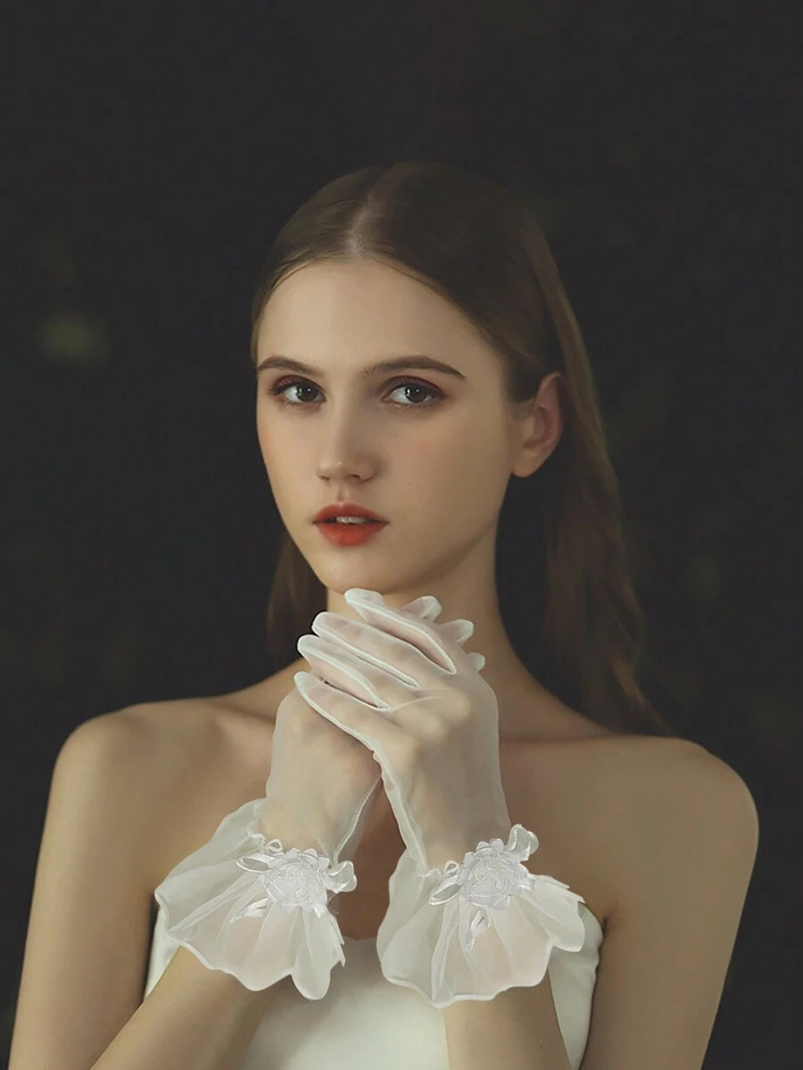 1 đôi găng tay phù dâu ren, găng tay lưới vải tuyn nhún bèo cho nữ, găng tay dự tiệc cưới, găng tay dạ hội ngắn, găng tay lưới ren ngắn viền vải tuyn có găng tay tiệc trà opera đám cưới dành cho nữ, trang phục mùa thu dành cho nữ - Nhiều màu - Xem 1