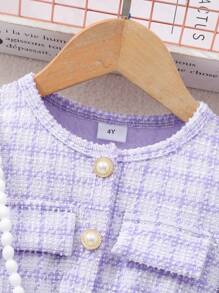 Young Girl Check Pattern Contrast Mesh Elegant Princess Dress With Accessories - Purple - View 3