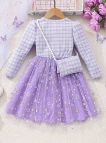 Young Girl Check Pattern Contrast Mesh Elegant Princess Dress With Accessories - Purple - View 2