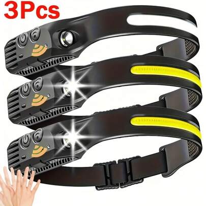 3pcs COB&LED Headlamp With Multiple Modes For Outdoor Activities Such As Running, Camping, Hiking. Sensor Headlight That Is Rechargeable., Camping Accessories