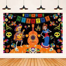 亡灵节背景横幅，亡灵节横幅骷髅墨西哥照片背景派对装饰万圣节亡灵节装饰最佳生日礼物 - 彩色 - 查看 4