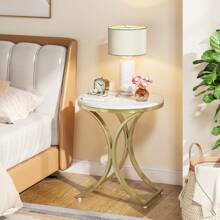 LITTLE TREE White Gold Side Table Round End Table Modern Small Coffee Table Accent C Table Bedside Table Round Nightstand With Gold Metal Frame And Faux Marble Veneer Engineered Wood For Living Room - Trắng và Vàng - Xem 2