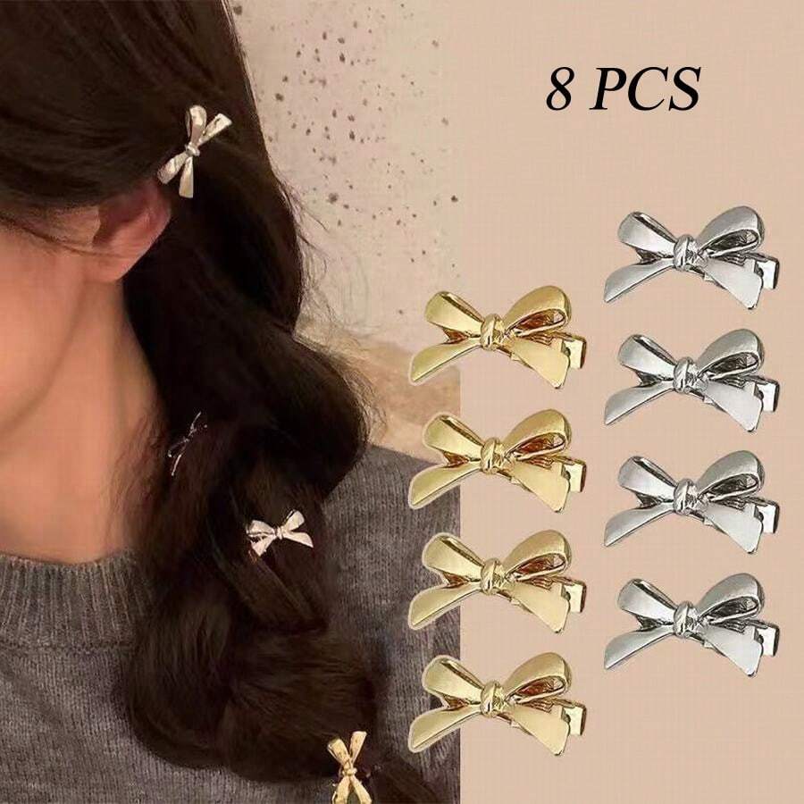 8 piezas Pasadores de pelo de mujer de lazo dulce de aleación, pasadores laterales pequeños de metal sin rastro para flequillo y flequillo, accesorios para el cabello con forma de lazo de unicolor, tocado dorado para el Día de San Valentín - Multicolor - Ver 1