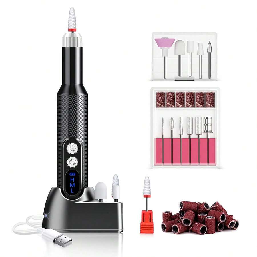 專業美甲鑽機-30000RPM電動修甲套裝，低熱、低噪音、低振動、LCD屏幕、USB端口、12個鑽頭、36個砂輪帶，適用於沙龍和家庭使用，適用於丙烯酸和凝膠甲