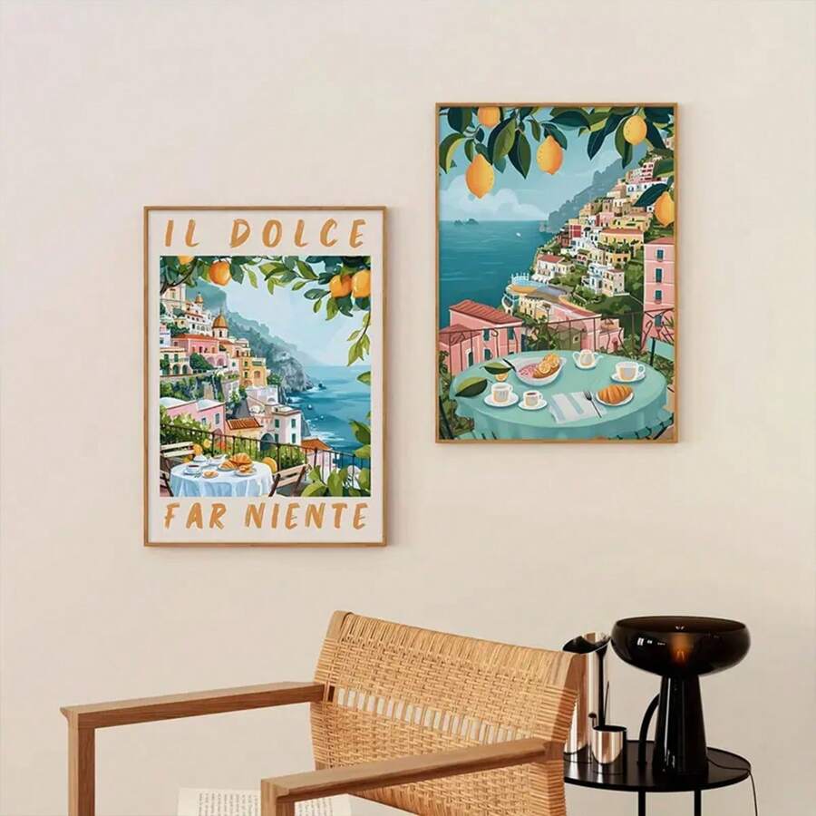 Set Of 2 La Dolce Vita Sicily Italy Watercolor Canvas Prints, Italian Quote Wall Art, Amalfi Coast Travel Posters, Unframed - Multicolor - View 1