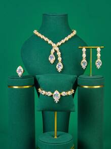 欧洲、美国、迪拜、沙特阿拉伯流行小水滴水钻白金奢华三角形 4 件套婚礼首饰套装，均码，包括项链、手链、耳环和戒指，适合日常佩戴以及赠送给女朋友。非常适合派对、宴会、正式活动、婚礼等。 - 四件套 - 查看 13