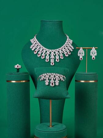 4pcs Luxury Zirconia Jewelry Set With Tassel Necklace, Earrings, Ring, Bracelet, Rhinestone Embellished, Suitable For Girlfriend, Party Dress, Wedding, Oversized