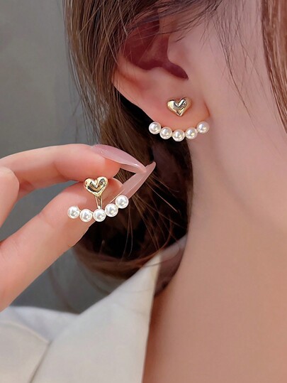 1pair Two Way Love Faux Pearl Stud Earrings And Heart Shaped Faux Pearl Drop Earrings