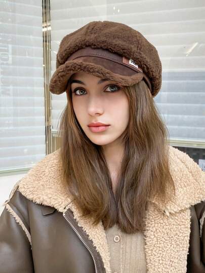 1入女士純色毛絨貝雷帽，秋冬季節厚實保暖，棒球帽式設計，法式風格，八角形狀，適用於購物和戶外活動，百搭復古款